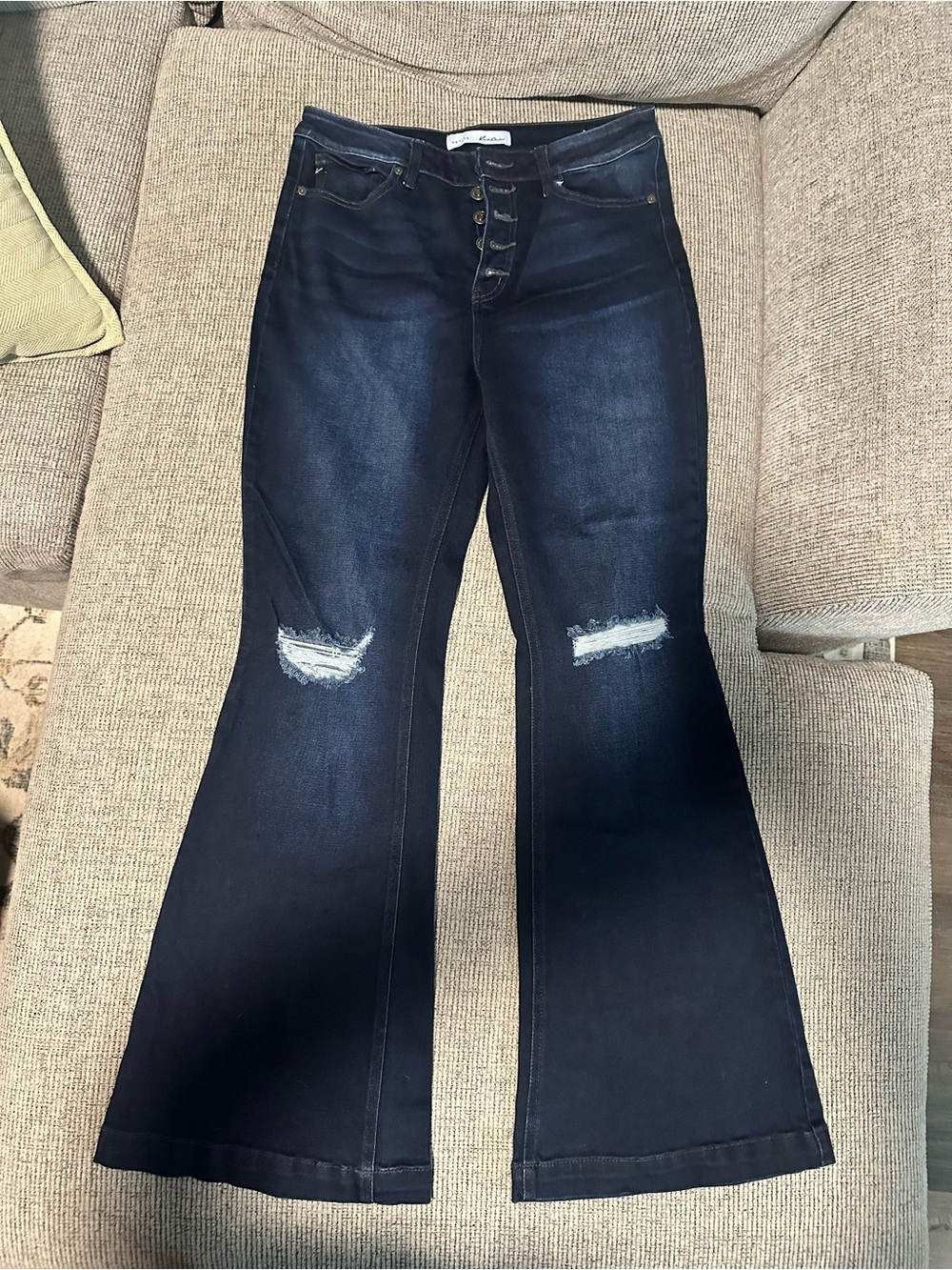 KanCan Petite Dark Wash Women's Flared Jeans with Knee Distress